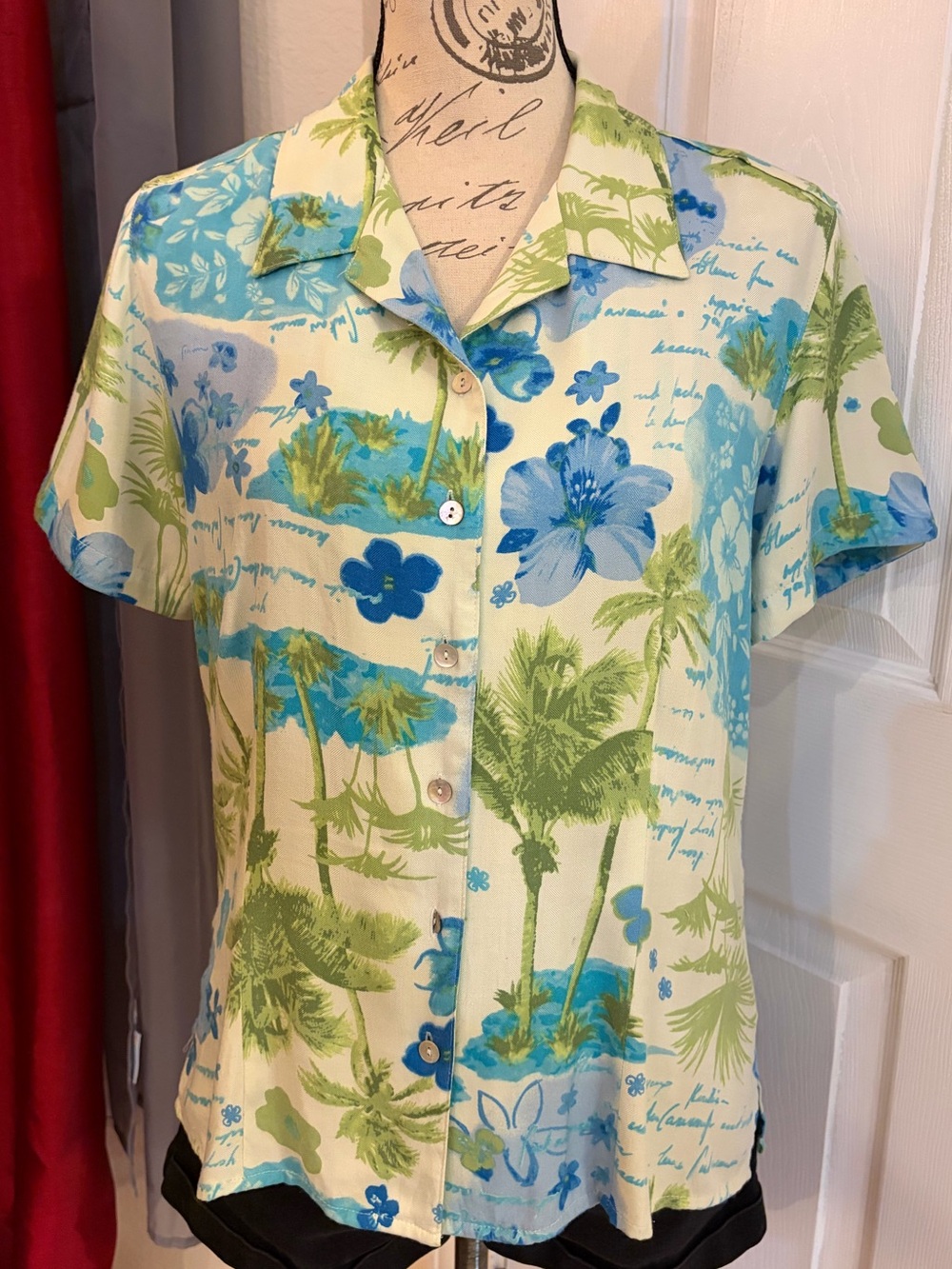 Caribbean Joe Blue & Green Tropical Hibiscus Button-Down Silk Blend Shirt